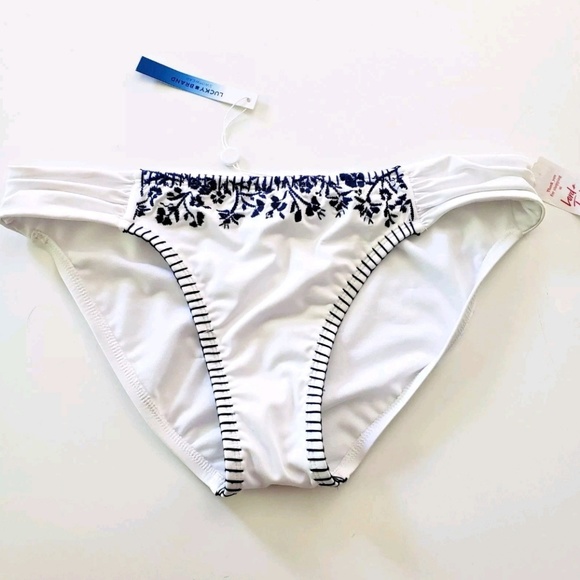 Lucky Brand Other - Lucky Brand Bikini Bottom White w/ Navy Embroidery